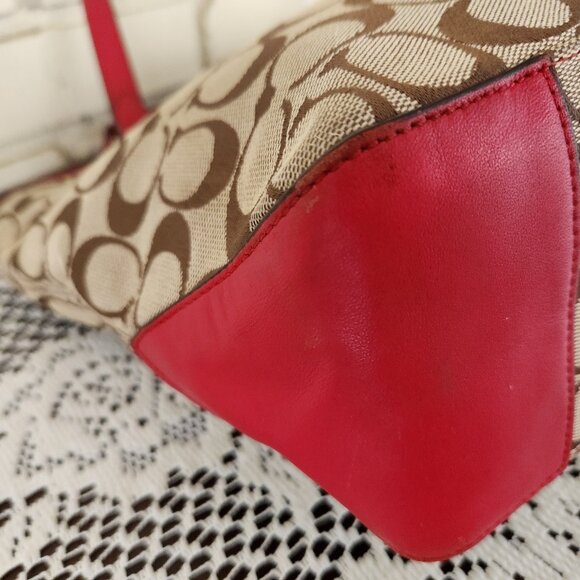 Coach Signature Khaki & Red Leather Medium Handbag Satchel Purse - Picture 8 of 14
